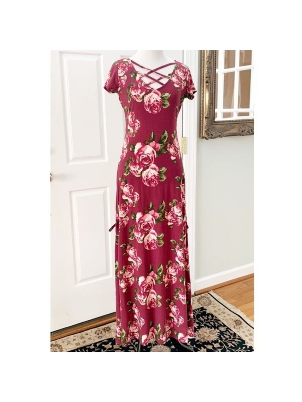 Maxi Dress Red Floral Print Short Sleeve